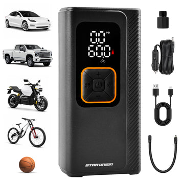 STAR UNION Portable Tire Inflator – 150 PSI Dual Cylinder Cordless Air Compressor with Digital Pressure Gauge, Auto Shut-Off & LED Emergency Light