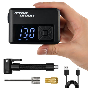 STAR UNION Mini Electric Bike Pump – 130 PSI Portable Tire Inflator with Digital Pressure Gauge & USB-C Rechargeable Battery