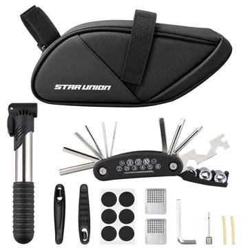 Bike Repair Kit with Waterproof Saddle Bag | 16-in-1 Bicycle Tool Set with Mini Pump for Road & Mountain Bikes